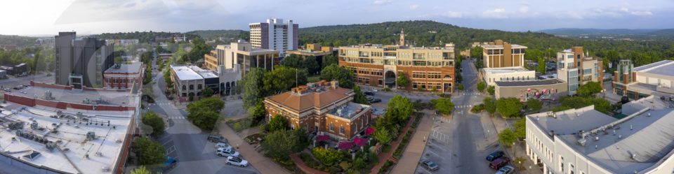 Panoramic, aerial shot of buildings and streets in the foreground with a forest of trees in the background