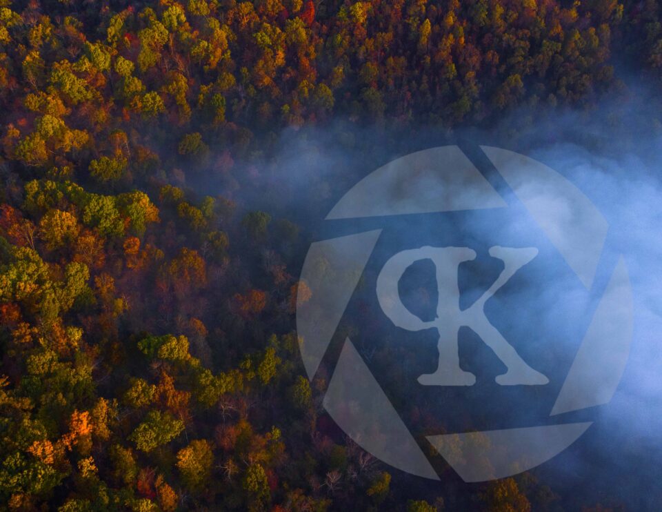 Aerial shot of treetops during Fall, showcasing the red, yellow, and orange leave colors of Fall